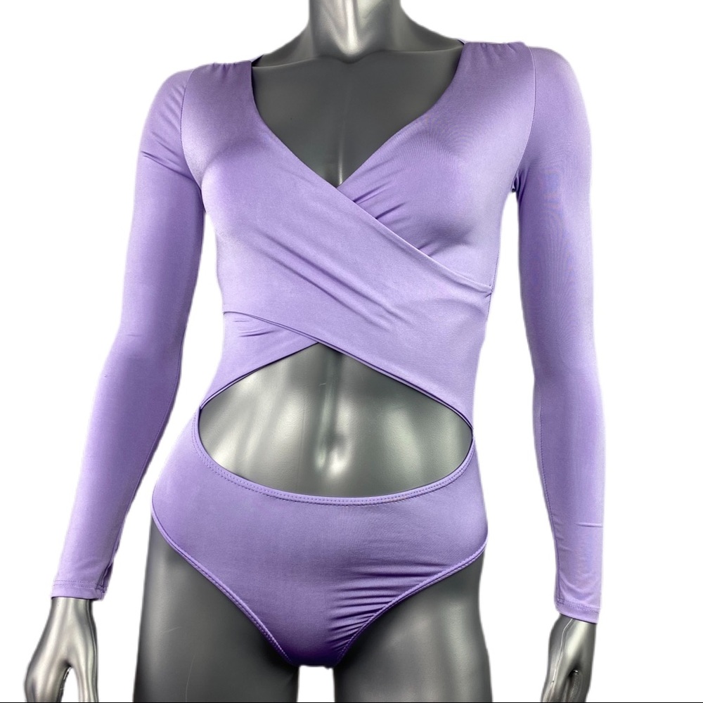 Fashion Nova | Lilac Purple Cut Out Body Suit Long Sleeve Thong back - Picture 1 of 16